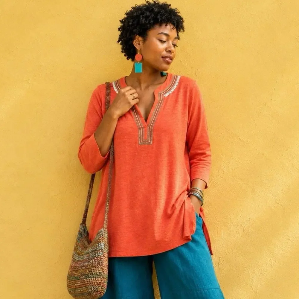 Chico's Coral Linen Tunic M Beaded Embellished Split Neck Coastal Resort Boho